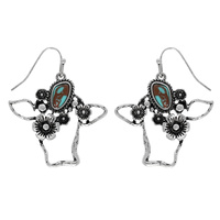 WESTERN FLORAL COW HEAD TURQUOISE EARRINGS