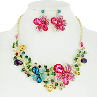 FLOWER THEME JEWLED STATEMENT NECKLACE SET