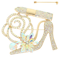 FLORAL JEWELED HIGH HEEL LIPSTICK BROOCH PIN