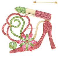 FLORAL JEWELED HIGH HEEL LIPSTICK BROOCH PIN